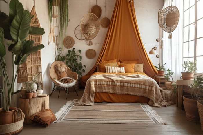 Concrete ceiling in bedroom boho design