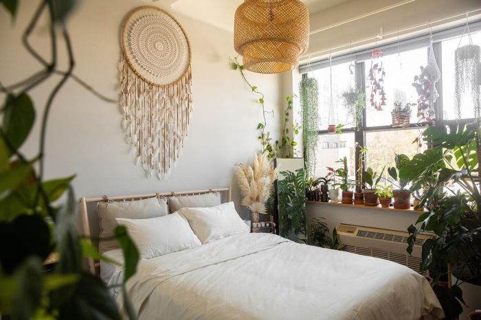 Concrete ceiling in bedroom boho design