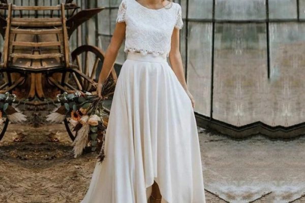 Wedding piece two dresses edgy skirt top short campbell anna darcy sequinned meadow sleeve features modern open back bride