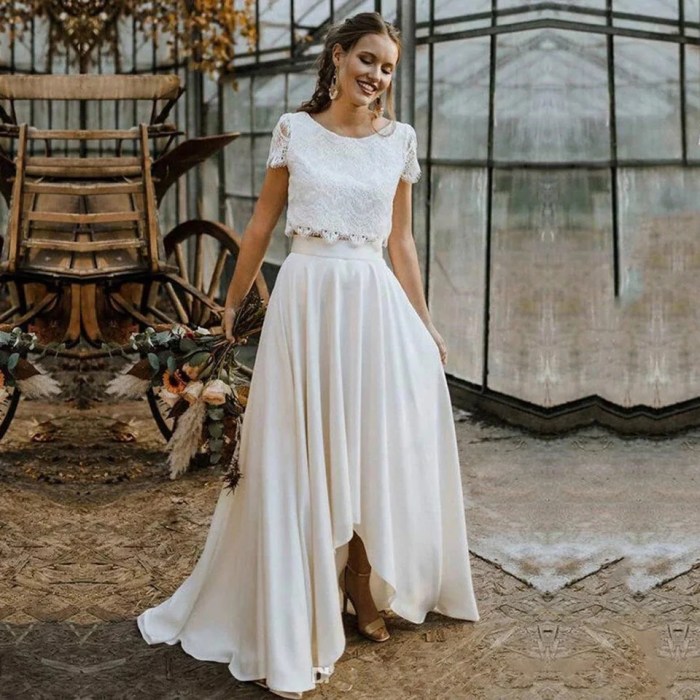 Wedding piece two dresses edgy skirt top short campbell anna darcy sequinned meadow sleeve features modern open back bride