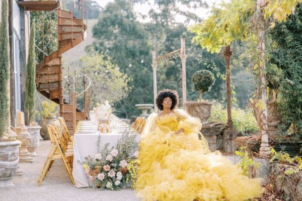 Yellow lace wedding dress