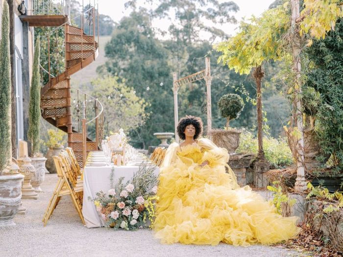 Yellow lace wedding dress